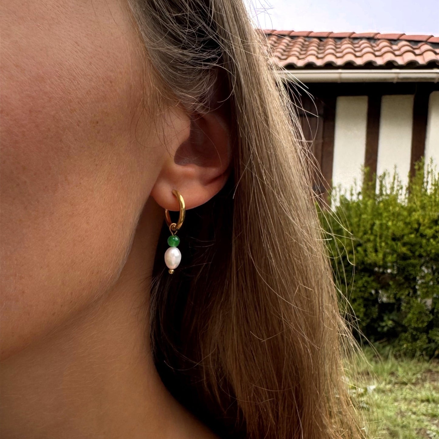 Boucles d'oreilles créole pour femme en acier inoxydable, perle d'eau douce et perle verte aventurine