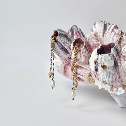 Boucles doreilles pendantes pour femme en acier inoxydable dore avec perles d'eau douce et perles de pierre de soleil rose