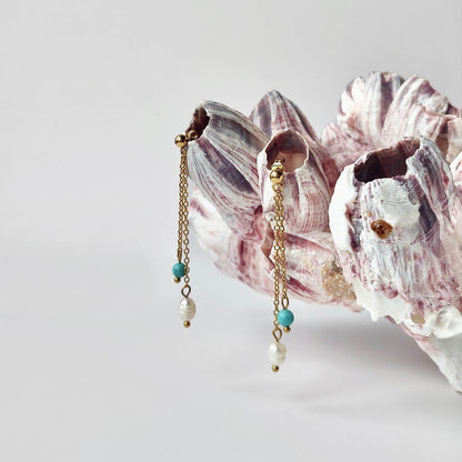 Boucles doreilles pendantes pour femme en acier inoxydable dore avec perles d'eau douce et perles de turquoise bleue