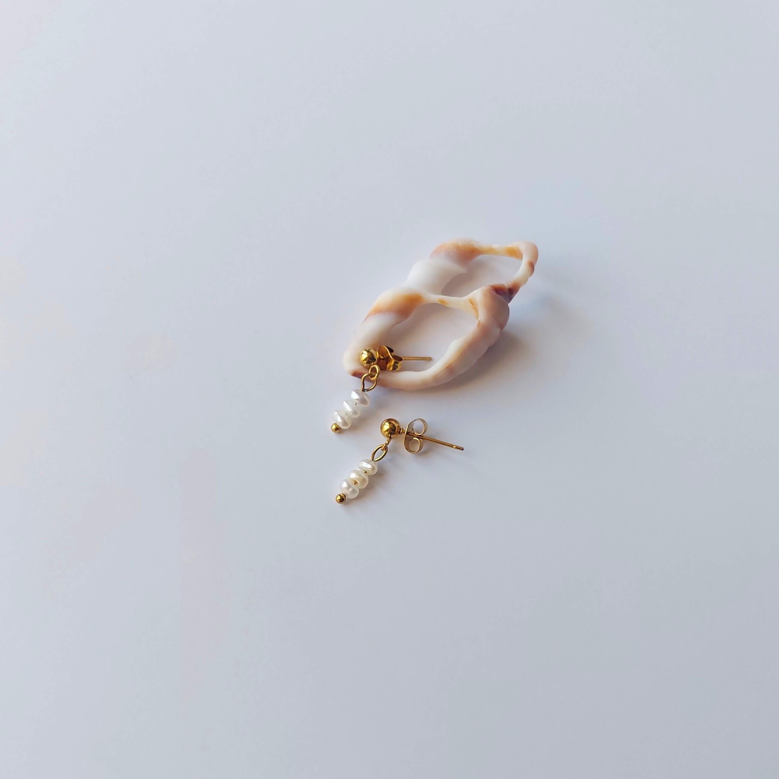 Boucles d’oreilles pendantes en acier inoxydable doré avec perles d’eau douce blanches, posées sur un coquillage, sur un fond neutre. 