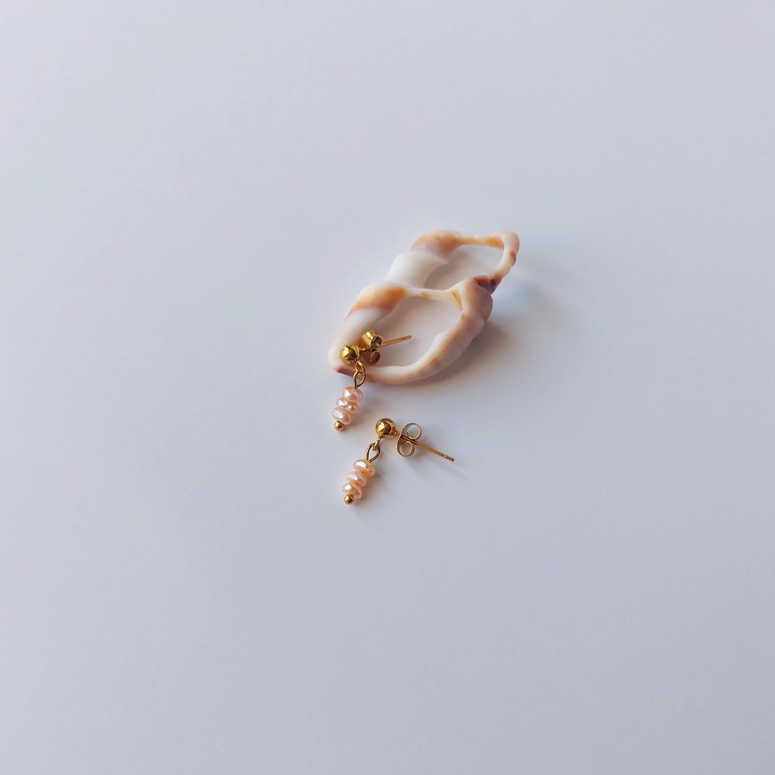 Boucles d’oreilles pendantes en acier inoxydable doré avec perles d’eau douce orange, posées sur un coquillage, sur un fond neutre.