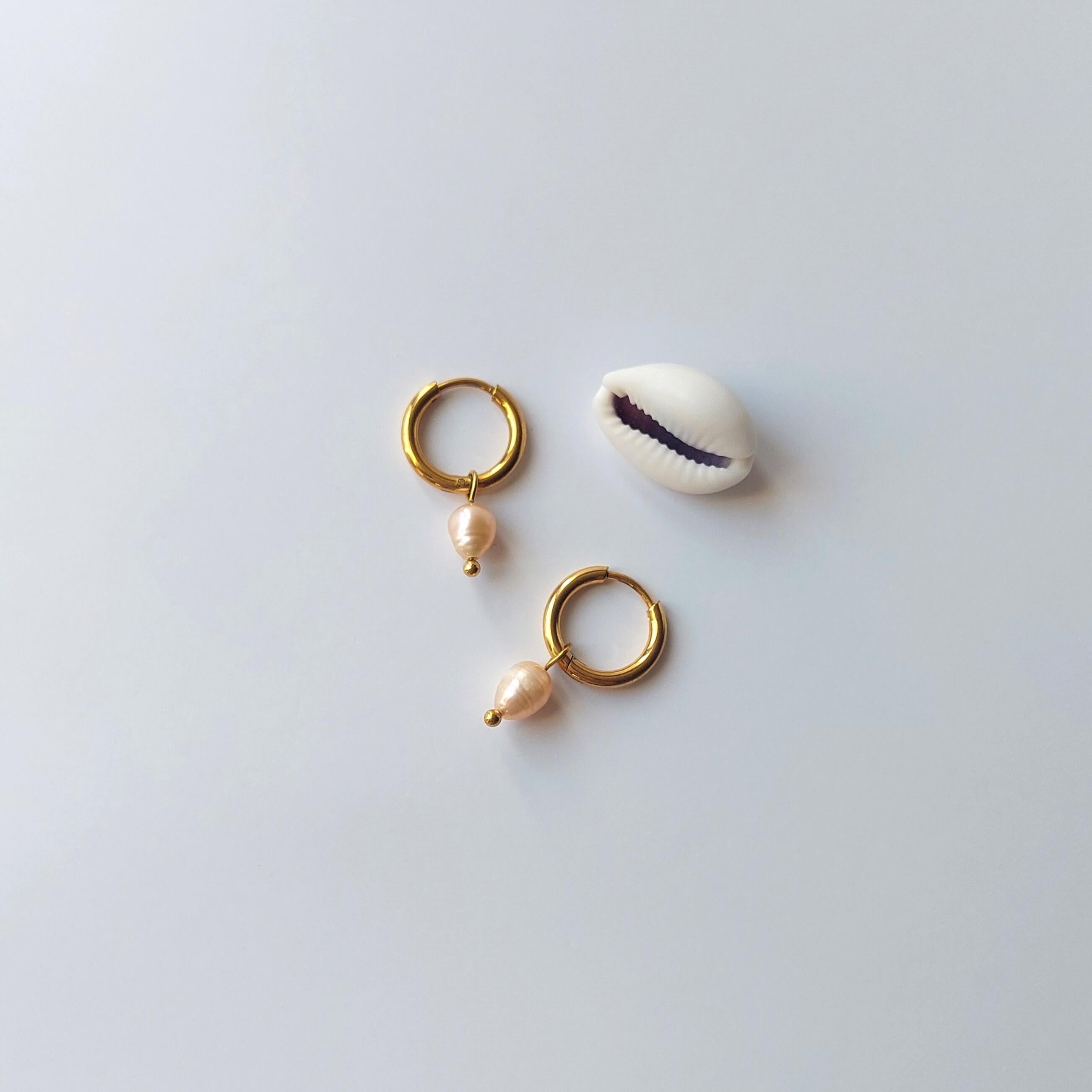 Boucles d’oreilles créoles en acier inoxydable doré avec une perle d’eau douce naturelle orange, posées à côté d’un coquillage, sur un fond neutre. 