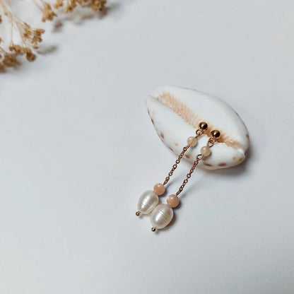 Paire de boucles d'oreilles pendantes en acier inoxydable, perles d'eau douce et pierre de soleil rose