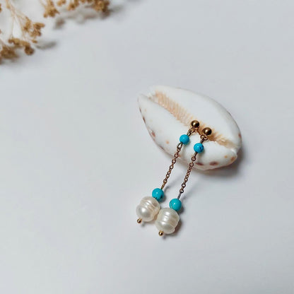 Paire de boucles d'oreilles pendantes en acier inoxydable, perles d'eau douce et turquoise