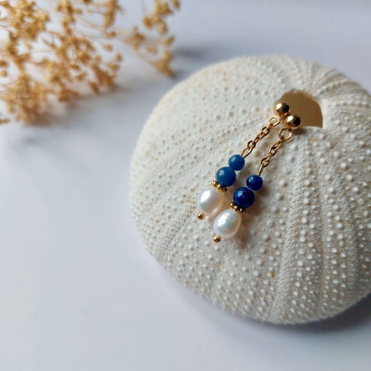 Boucles d'oreilles tendances en acier inoxydable, perles d'eau douce et perles de Sodalite bleue parfaites pour le quotidien. 