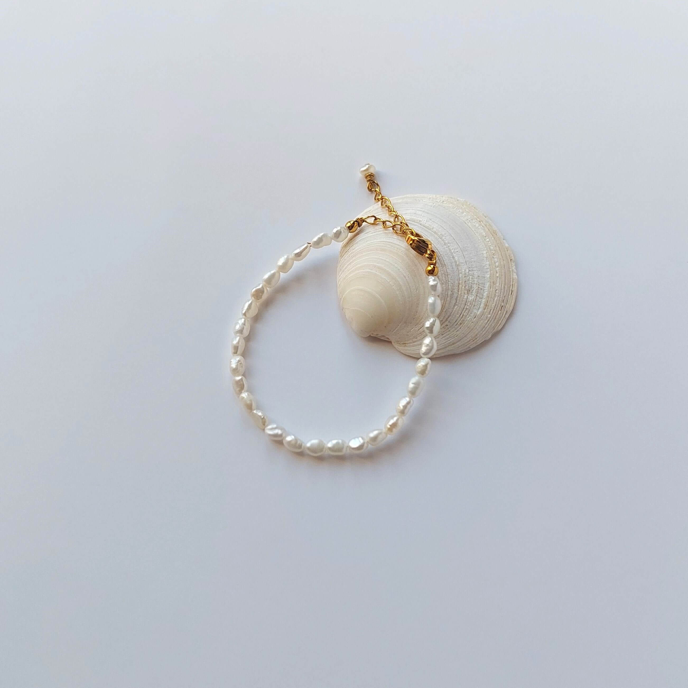 Bracelet en acier inoxydable doré orné de perles d’eau douce naturelles blanches, posé sur un coquillage, style délicat et élégant, sur fond neutre. 