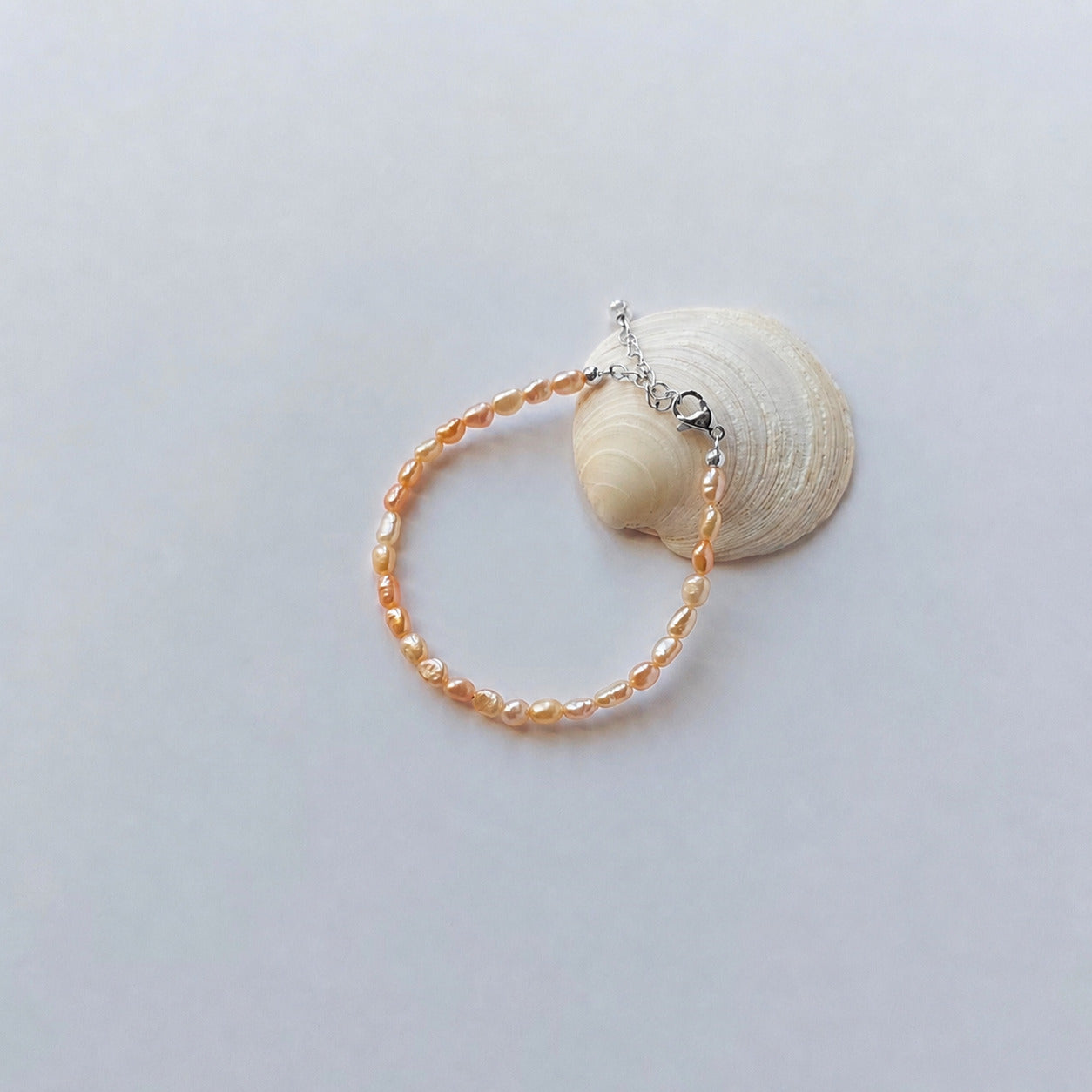 Bracelet entièrement composé de petites perles d'eau douce ovales de couleur pêche-orange nacrée avec un fermoir mousqueton argenté et une chaînette d'extension, disposé en cercle sur fond gris clair aux côtés d'un coquillage blanc arrondi.
