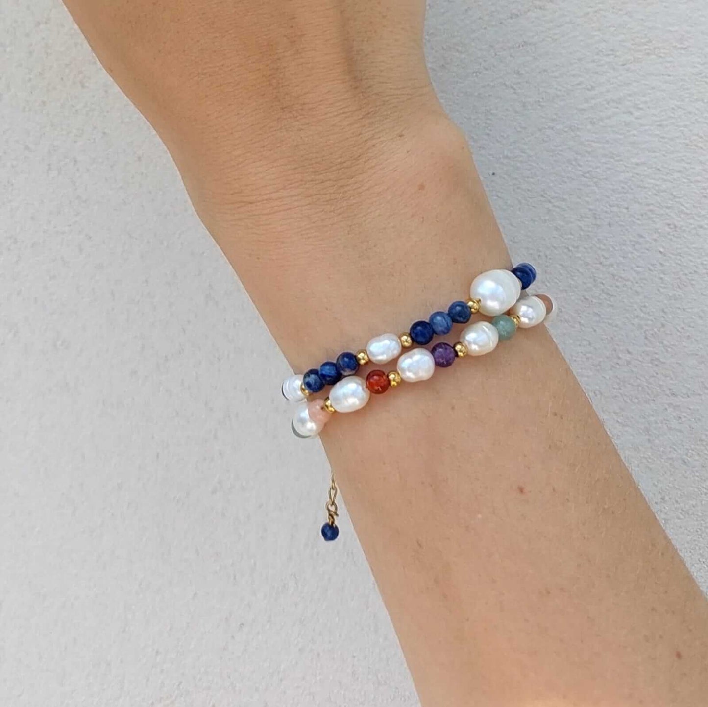 Bracelets en acier inoxydable doré, perles d'eau douce et pierres naturelles 