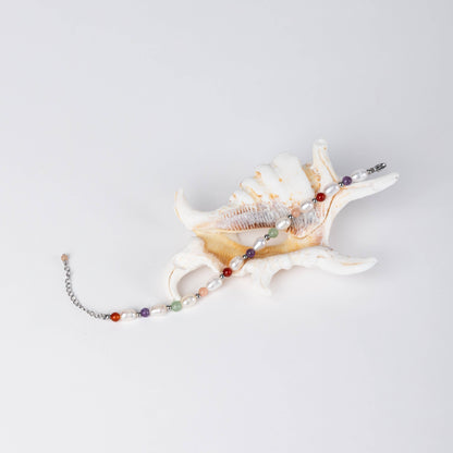 Bracelet pour femme en acier inoxydable argenté avec pierres de couleur et perles d'eau douce