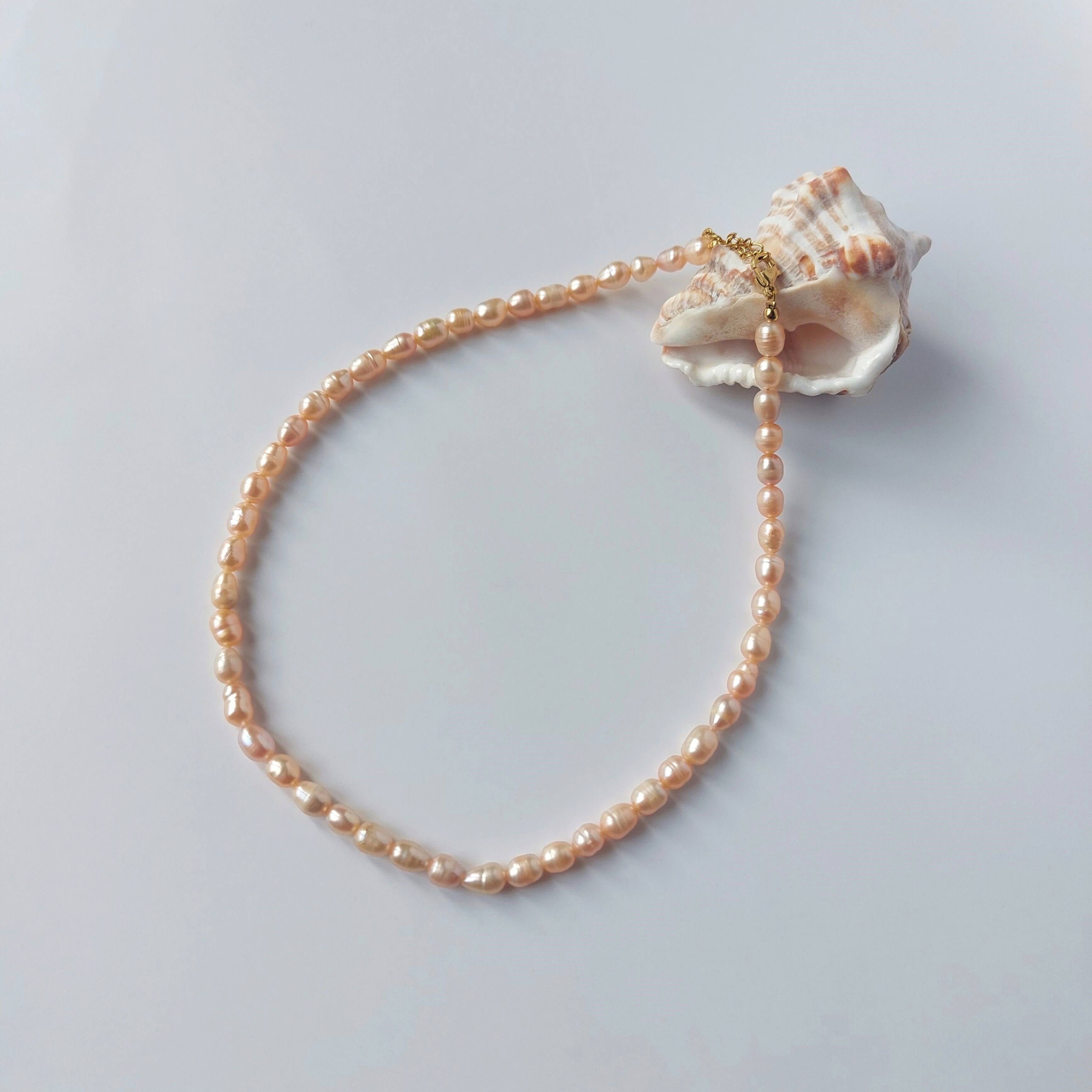 Collier ras de cou orné de perles d’eau douce oranges, présenté à la lumière naturelle sur un coquillage et un fond neutre.