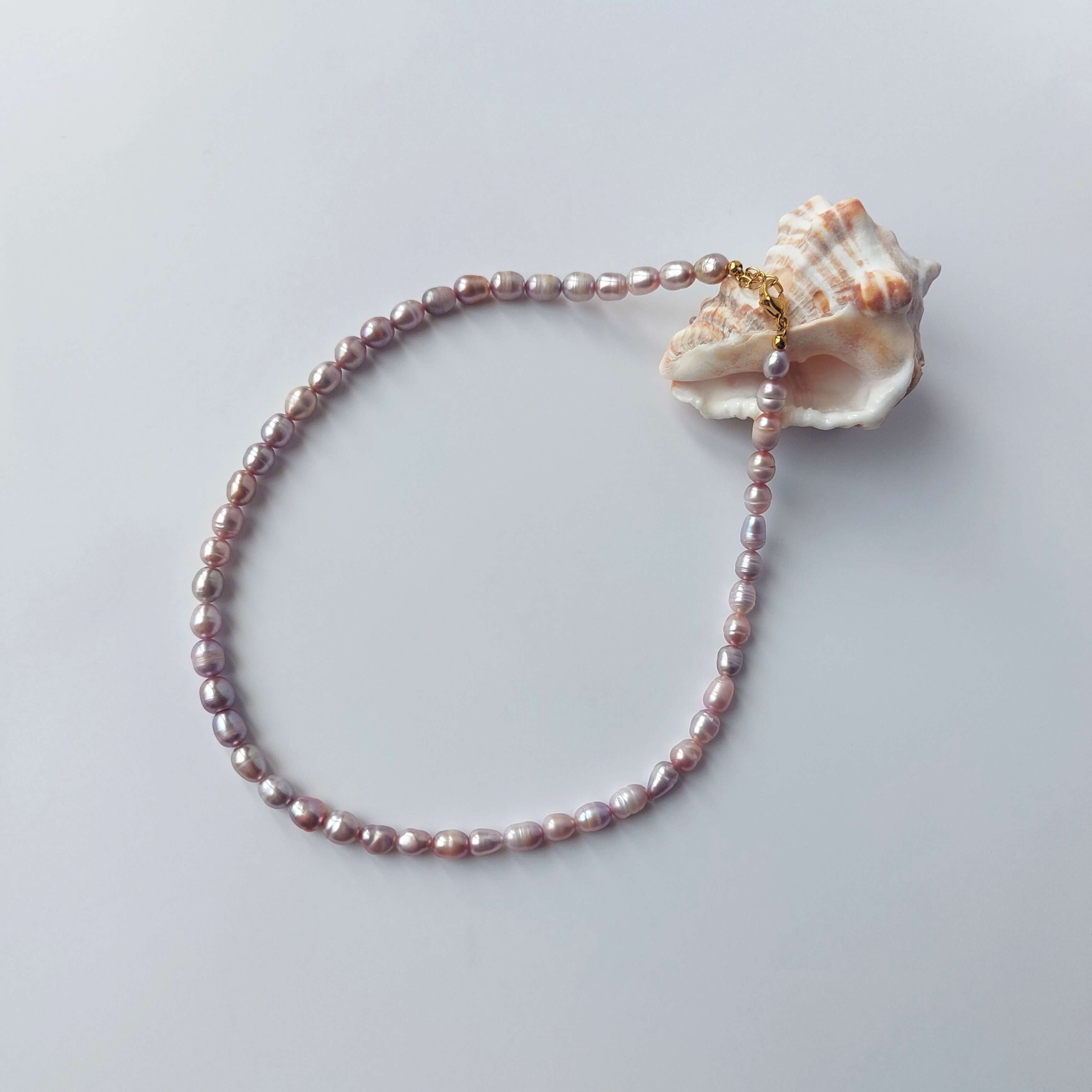 Collier ras de cou orné de perles d’eau douce violettes, présenté à la lumière naturelle sur un coquillage et un fond neutre.