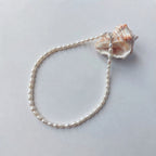 Collier ras-de-cou entièrement composé de petites perles d'eau douce blanches ovales nacrées de tailles variées, avec un fermoir argenté, disposé en cercle sur fond gris clair aux côtés d'un grand coquillage strié blanc et orangé.