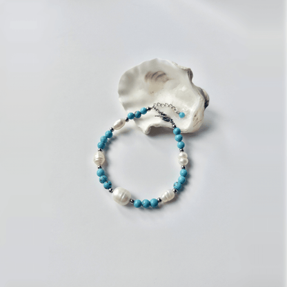bracelet pour femme en acier inoxydable argenté, perles d'eau douce et pierres de turquoise bleue