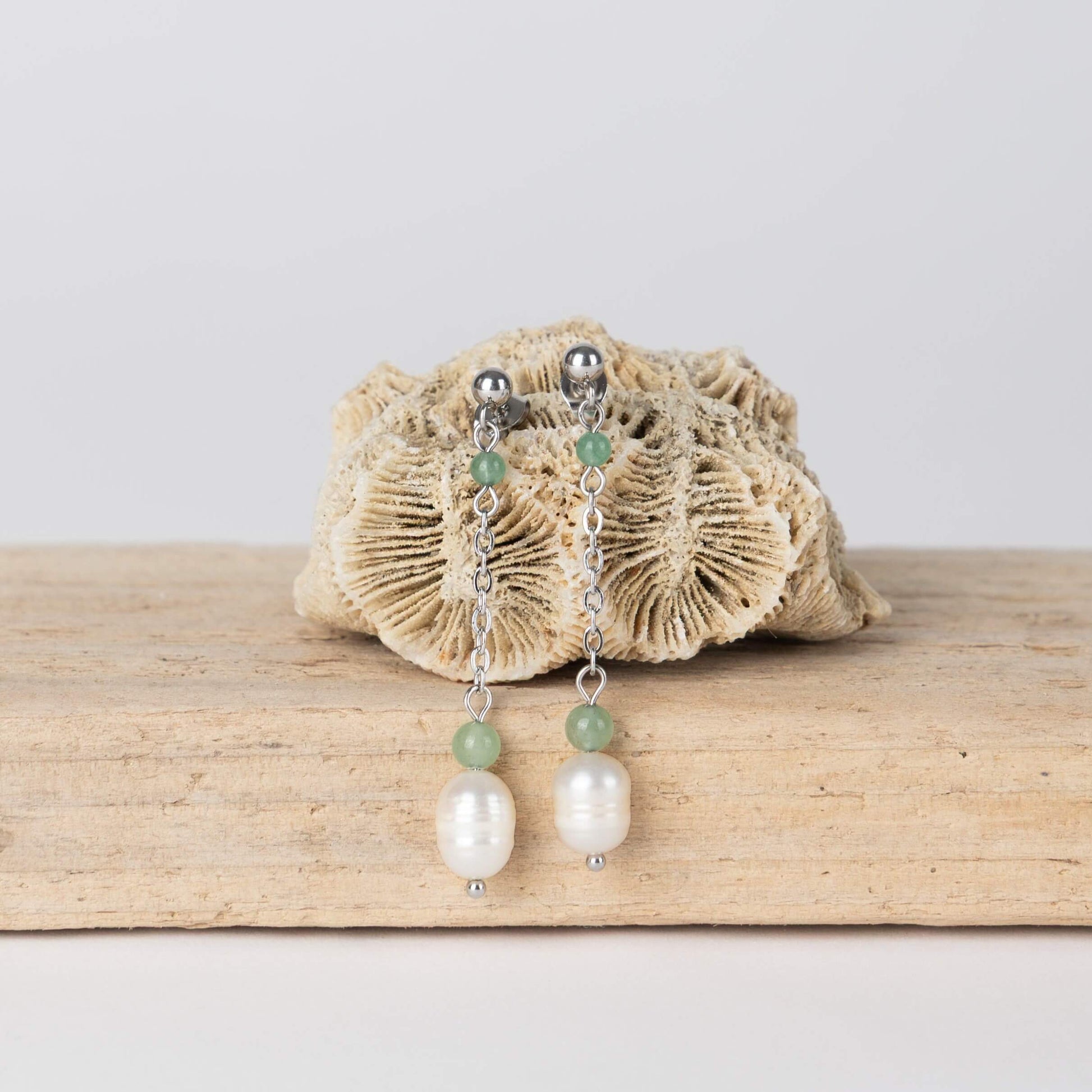 Paire de boucles d'oreilles pendantes en acier inoxydable argenté, perles d'eau douce et aventurine verte