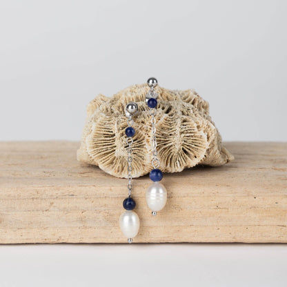 Paire de boucles d'oreilles pendantes en acier inoxydable argenté, perles d'eau douce et sodalite bleue