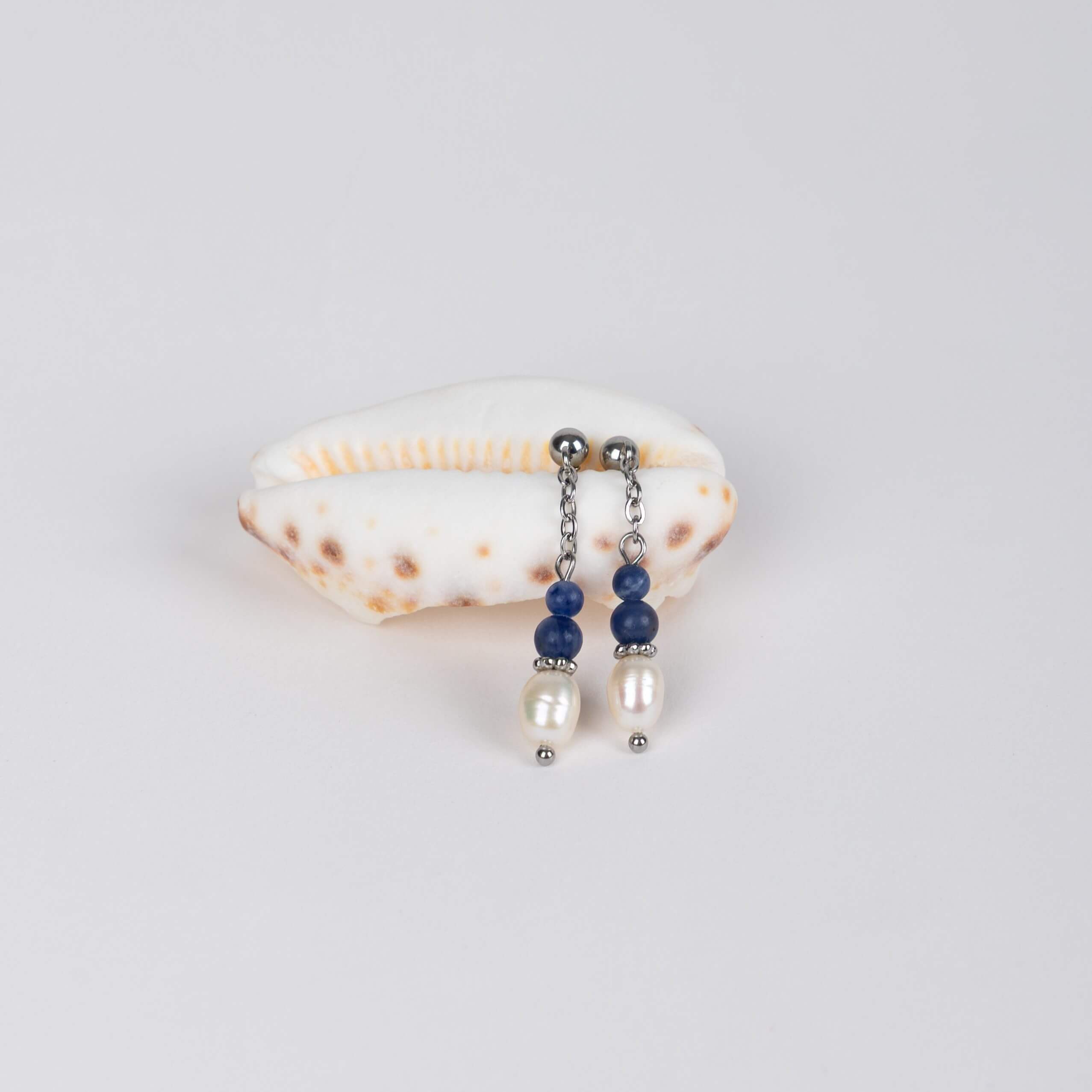 Boucles d'oreilles tendances en acier inoxydable argenté, perles d'eau douce et perles de sodalite parfaites pour le quotidien. 
