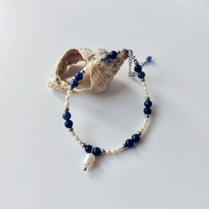bracelet pour femme en acier inoxydable argenté perles d'eau douce et pierre sodalite bleue